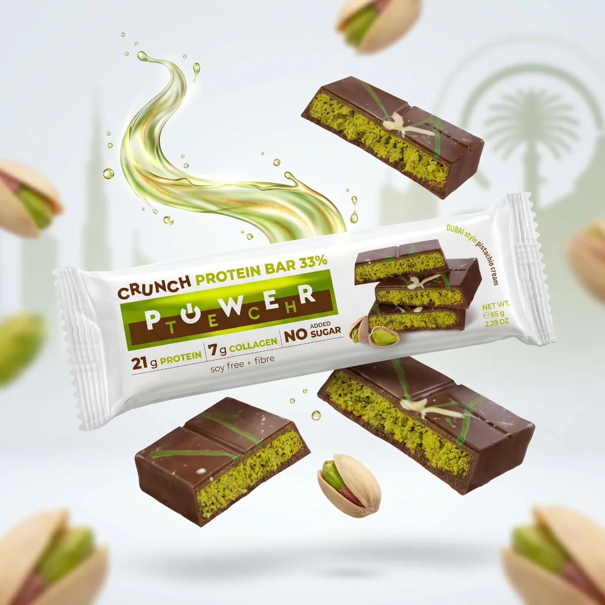 Power Tech Crunch Protein Bar 33% шоколадова с пистачио крем 65г - натурален продукт от Dobri Delev
